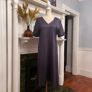 EILEEN FISHER Blue Satin Shortsleeve Shift Dress W/ Handkerchief Hem Size XS
